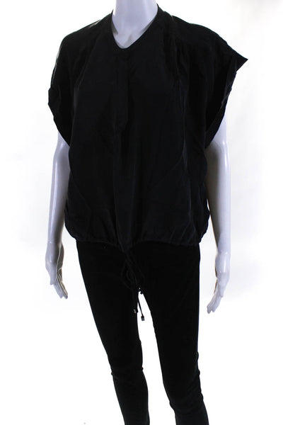 Alexis Womens Silk Ruched Drawstring Hem Short Sleeve Blouse Top Black Size L