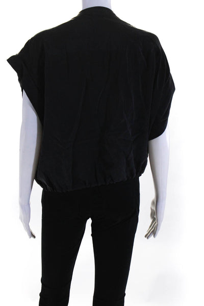 Alexis Womens Silk Ruched Drawstring Hem Short Sleeve Blouse Top Black Size L