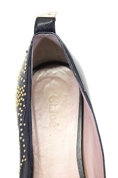 Chloe Women's Leather Pointed Toe Studded Flats Black Size 8.5