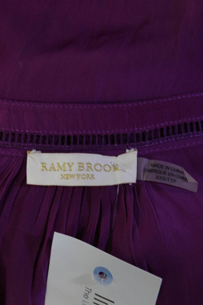 Ramy Brook Womens Satin Pleated Short Sleeve V-Neck Blouse Top Purple Size 2XS
