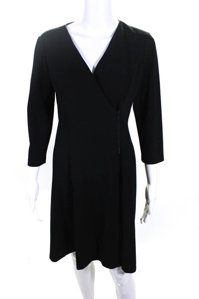 DKNY Womens V-Neck Long Sleeve Zip Up Flare Midi Dress Black Size 8