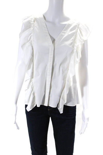 Alice + Olivia Women's Button Front V Neck Ruffle Blouse White Size L