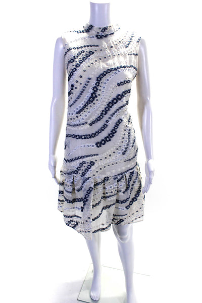 Erdem Women's Sleeveless Embroidered Knee Length Nena Dress White Blue Size 8