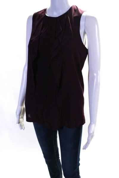 Vince Womens Solid Burgundy Silk Ruffle V-Neck Sleeveless Blouse Top Size 6