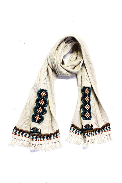 Chaser Womens Beige Cotton Ribbed Knit Printed Tassel Fringe Scarf
