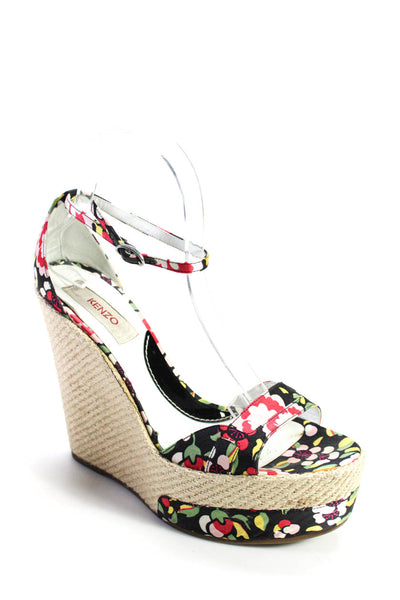 Kenzo Womens Black Floral Espadrille Ankle Strap Platform Wedge Shoes Size 7/8