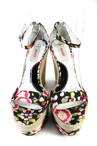 Kenzo Womens Black Floral Espadrille Ankle Strap Platform Wedge Shoes Size 7/8