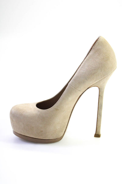 Prada Womens Suede Platform Stiletto Heel Pumps Sand Beige Size 35 5