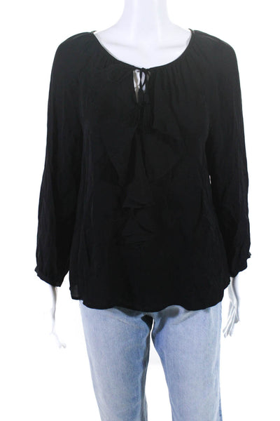 Joie Womens Silk Chiffon Ruffled V-Neck Long Sleeve Blouse Top Black Size XS