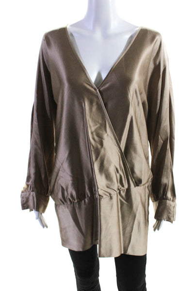 Haute Hippie Womens Long Sleeve Faux Wrap Silk Shirt Brown Size Medium