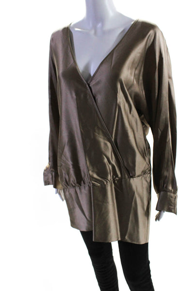 Haute Hippie Womens Long Sleeve Faux Wrap Silk Shirt Brown Size Medium