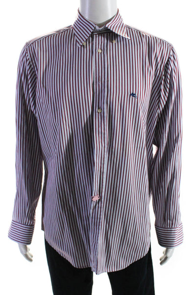 Etro Mens Button Front Collared Striped Dress Shirt Red White Blue Size 42