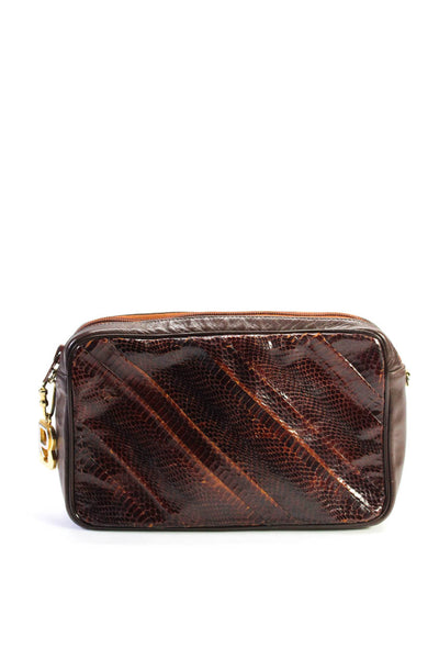 Robert Bestien Womens Snakeskin Leather Zip Around Pouch Clutch Handbag Brown