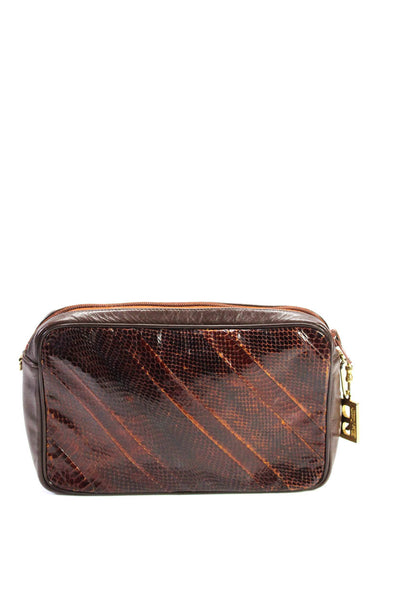 Robert Bestien Womens Snakeskin Leather Zip Around Pouch Clutch Handbag Brown