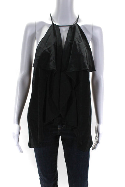 BCBGMAXAZRIA Women's Sleeveless Keyhole Ruffle Silk Blouse Black Size M