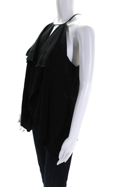 BCBGMAXAZRIA Women's Sleeveless Keyhole Ruffle Silk Blouse Black Size M
