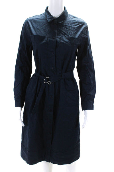 St.Emile Womens Navy Cotton Belted Long Sleeve Button Down A-Line Dress Size 6