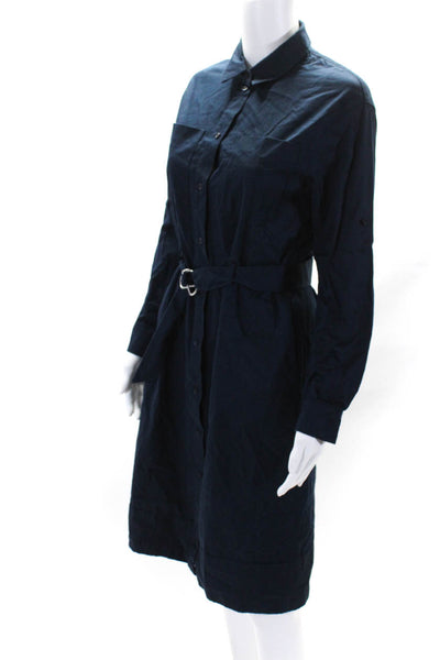 St.Emile Womens Navy Cotton Belted Long Sleeve Button Down A-Line Dress Size 6