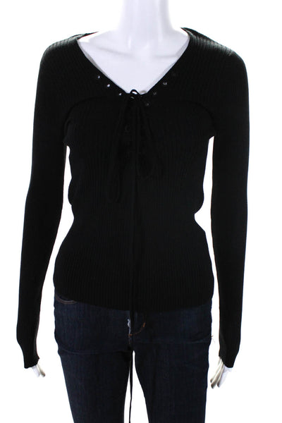 ALC Womens Long Sleeve Ribbed Knit Lace Up V Neck Shirt Top Black Size Small