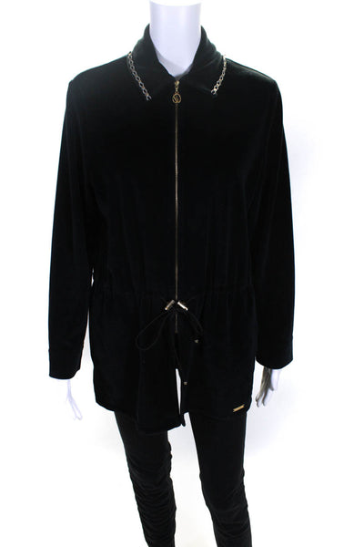 St. John Sport Womens Cotton Velvet Drawstring Waist Zip Up Jacket Black Size P