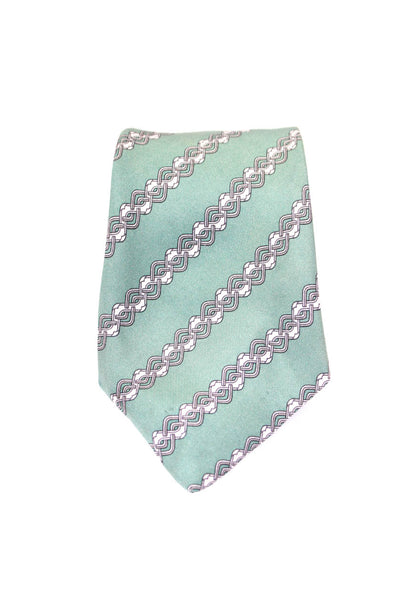 Hermes Mens Classic Width Abstract Striped Trim Silk Tie Green White Gray