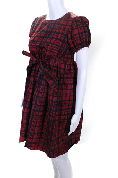 Love Shack Fancy Girls Puff Sleeve Belted A Line Plaid Dress Red Size 12Y