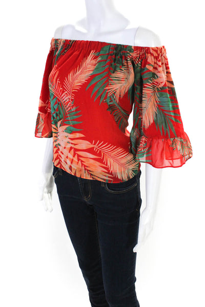 Rebecca Minkoff Womens Plant Print Off The Shoulder Blouse Top Red Size XS