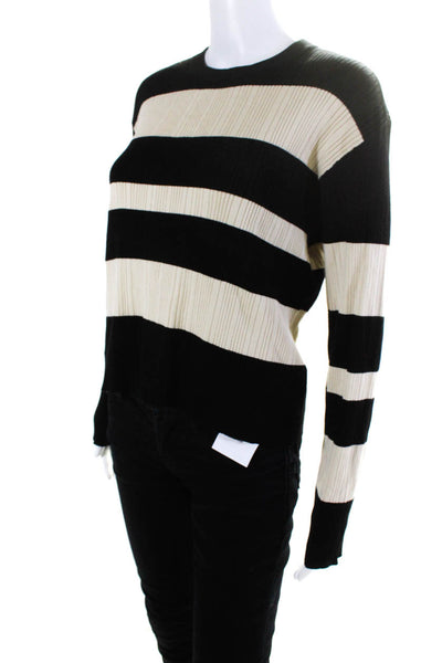 ATM Womens Ribbed Striped  Crew Neck Sweater White Black Size Medium