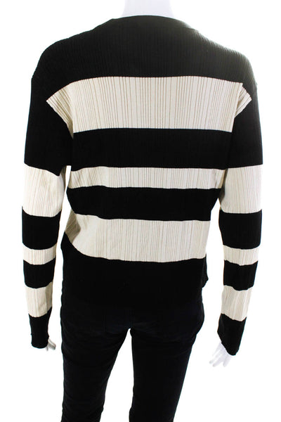 ATM Womens Ribbed Striped  Crew Neck Sweater White Black Size Medium