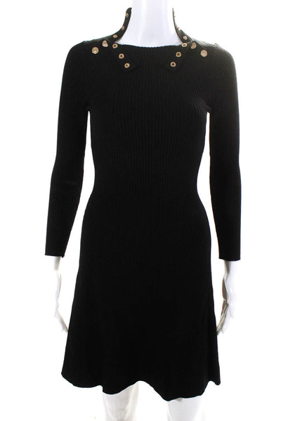 Maje Womens Ribbed Snapped Buttoned Long Sleeve Fit & Flare Dress Black Sz 36