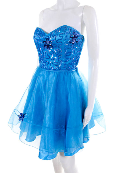 Betsey Johnson Womens Satin Sequin Bodice Tutu Tulle Hem Mini Dress Blue Size 4