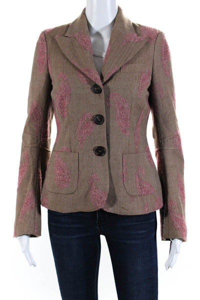 Pink Tartan Women's Three Button Textured Fully Lined Wool Blazer Brown Size 0