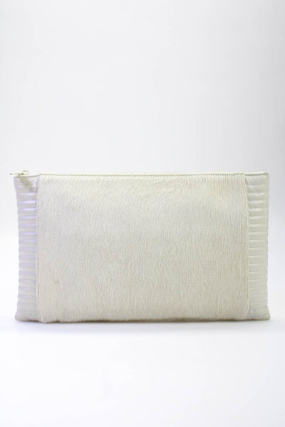 Reece Hudson Women's Calf Hair Quilted Zip Clutch Handbag White
