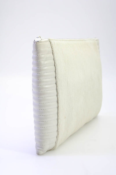 Reece Hudson Women's Calf Hair Quilted Zip Clutch Handbag White