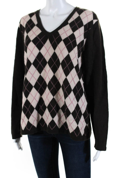 Mcduff Women's Cashmere Argyle Print V-Neck Long Sleeve Sweater Brown Size XL