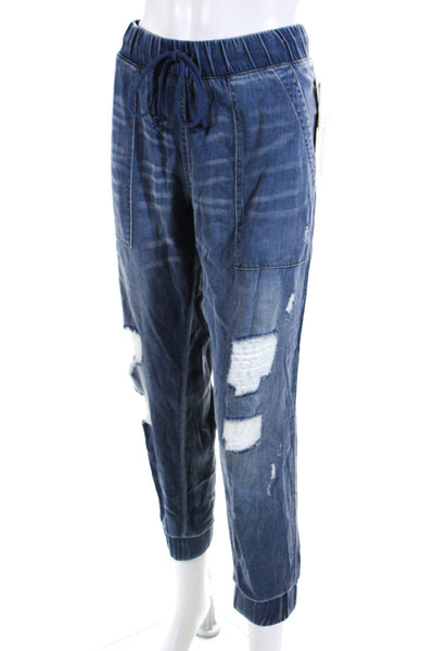 Bella Dahl Women's Elastic Waist Distressed Relaxed Fit Pants Blue Size M