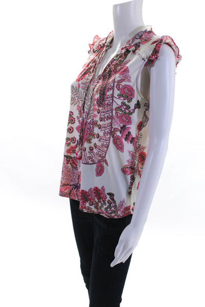 Hale Bob Womens Sleeveless V Neck Paisley Floral Top White Pink Size Medium