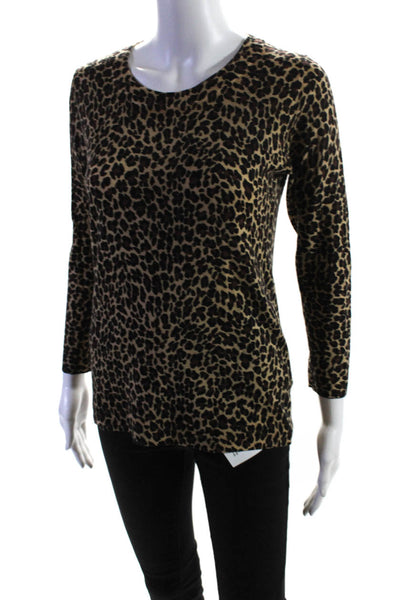 J Crew Womens Animal Print Crew Neck Sweater Beige Black Wool Size Small