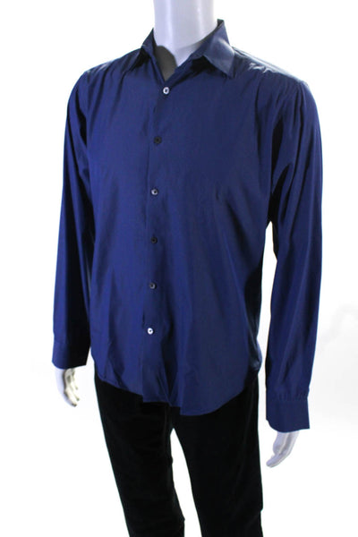 Theory Mens Cotton Blend Grid Print Collared Button Down Shirt Blue Size M
