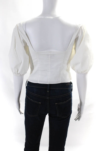 Staud Women's Cotton Square Neck Puff Sleeve Cropped Blouse White Size 6