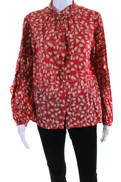 Who What Wear Womens Cotton Floral Print Ruffled Sleeve Button Up Top Red Size L