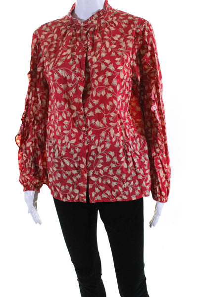 Who What Wear Womens Cotton Floral Print Ruffled Sleeve Button Up Top Red Size L