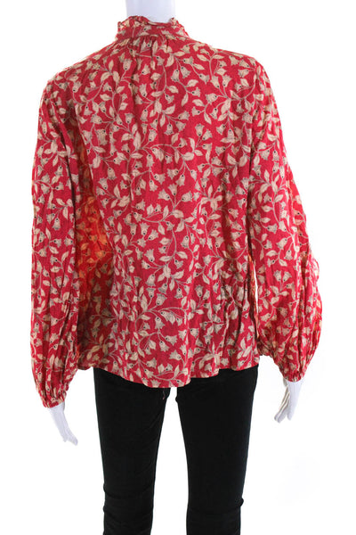 Who What Wear Womens Cotton Floral Print Ruffled Sleeve Button Up Top Red Size L