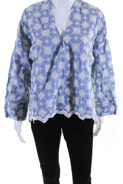 Zara Womens Embroidered Long Sleeved V Neck Tunic Blouse Blue White Size XS