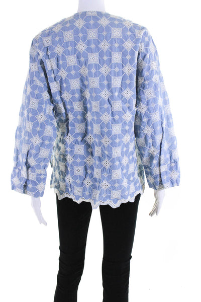 Zara Womens Embroidered Long Sleeved V Neck Tunic Blouse Blue White Size XS