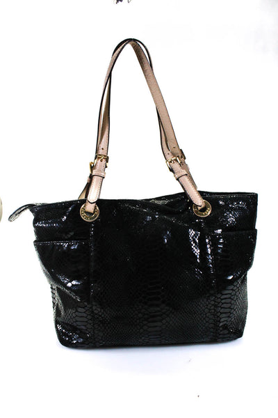 Michael Kors Women's Snakeskin Print Leather Trim Shoulder Bag Black Size M