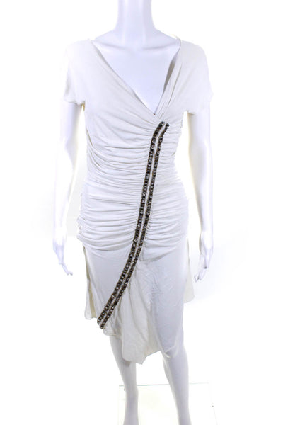 Roberto Cavalli Womens Jeweled Ruched V Neck Dress White Size EUR 44