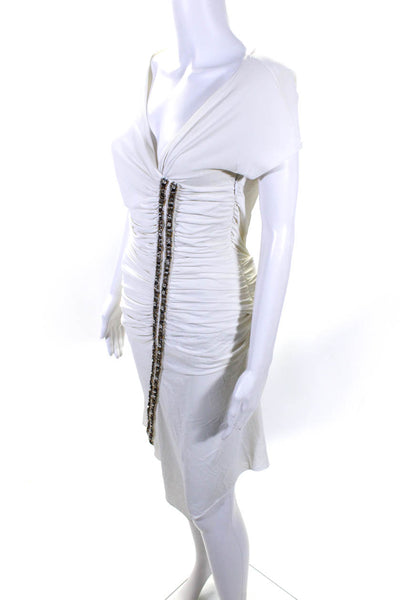 Roberto Cavalli Womens Jeweled Ruched V Neck Dress White Size EUR 44