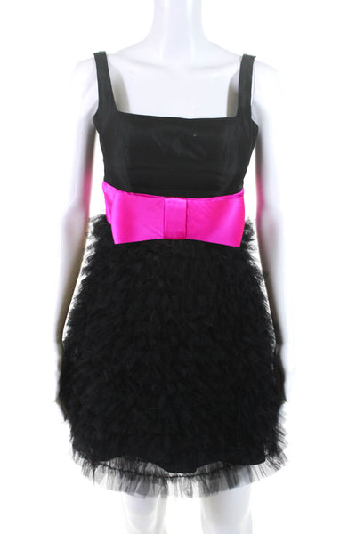 Sherri Hill Womens Back Zip Satin Bodice Mesh Tiered Cocktail Dress Black Pink 4