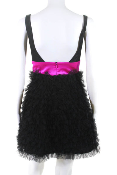 Sherri Hill Womens Back Zip Satin Bodice Mesh Tiered Cocktail Dress Black Pink 4